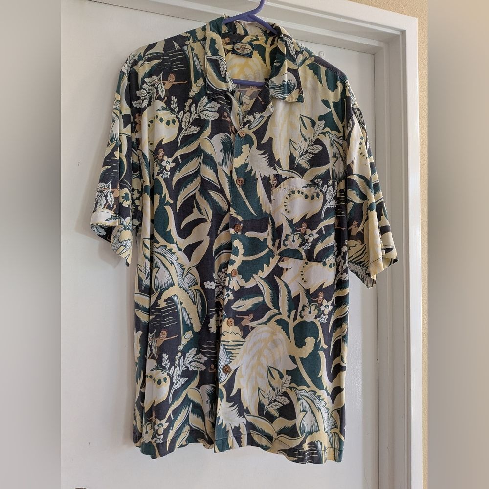 Vtg Tommy Bahama Relax Size L Surf Multi Print Hawaiian Shirt Wooden Buttons